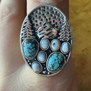 White Buffalo Turquoise Blue Turquoise Sterling Silver Forest Ring Size 8.75